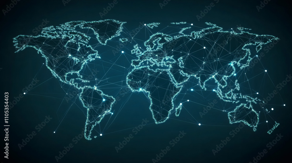 Poster Digital world map showing interconnected continents, symbolizing global communication and data exchange in a technological era