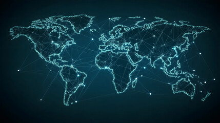 Digital world map showing interconnected continents, symbolizing global communication and data exchange in a technological era