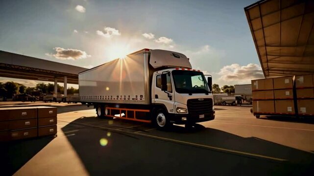 a white cargo truck parked at a loading dock during what appears to be sunrise or sunset, given the warm sunlight and long shadows. The truck is positioned on the right side of the frame, with its car
