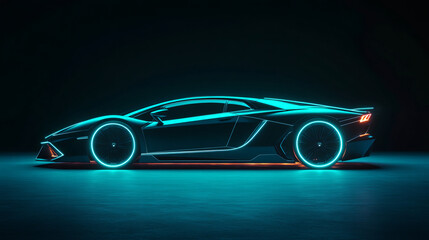 Futuristic automotive design showcased by modern supercar with neon lights in dark studio