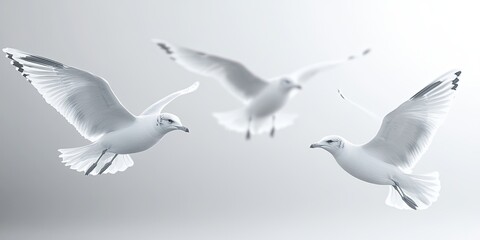 Obraz premium Seagulls gracefully flying against a grey and white background create a serene scene, showcasing the beauty of seagulls in motion against a minimalistic backdrop. Seagulls enhance the visual impact.