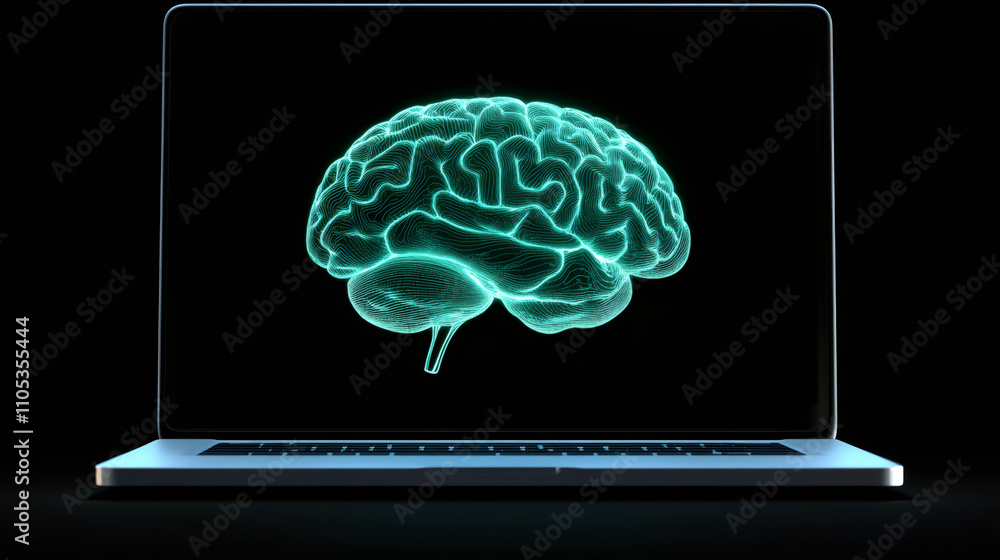Leinwandbilder Laptop screen displaying a glowing turquoise polygonal brain, symbolizing artificial intelligence, machine learning, and deep learning