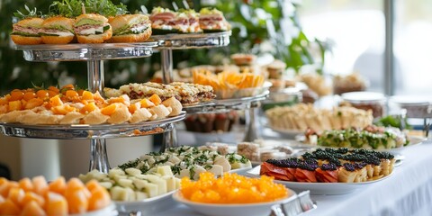 Fototapeta premium Elegantly arranged catering banquet table showcasing a variety of food snacks and appetizers, including sandwiches, caviar, and fresh fruits, perfect for events like Christmas parties or wedding