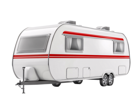 a white trailer with red stripes