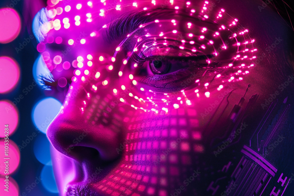 Poster generative ai visual of futuristic cyber light projection on face