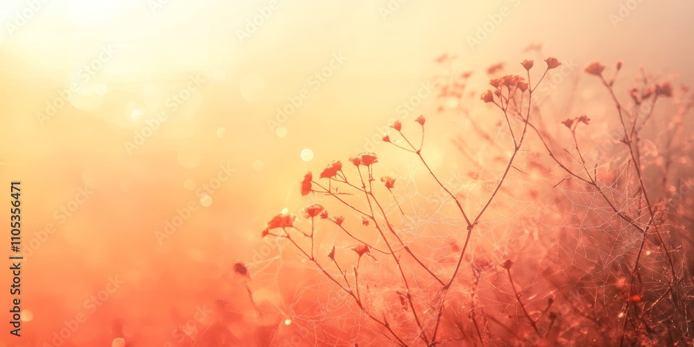 Poster abstract autumn background featuring orange dry plants at sunrise, adorned with delicate webs. this 