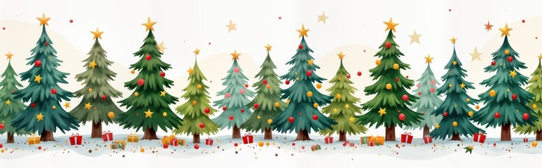 Fototapeta premium Watercolor illustration shows Christmas scene with many decorated fir trees in row. Trees decorated with colorful balls, golden stars. Small gift boxes scattered around base of trees. Scene set on