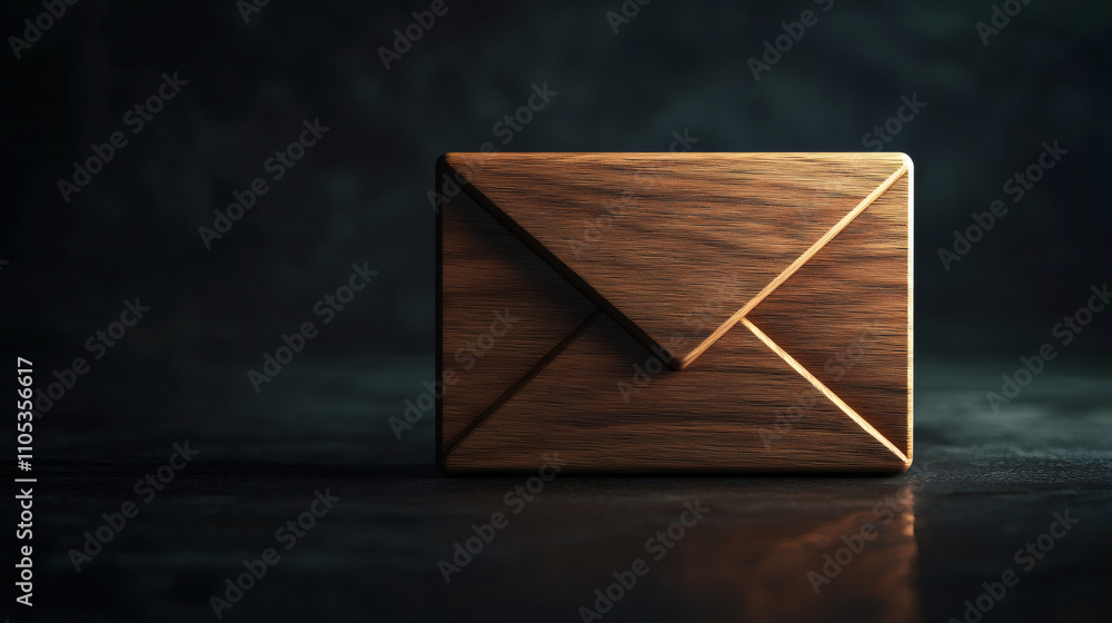 Poster secure communication and data protection represented by a closed wooden envelope on a dark backgroun