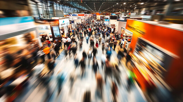 Colorful trade show floor bustling with activity