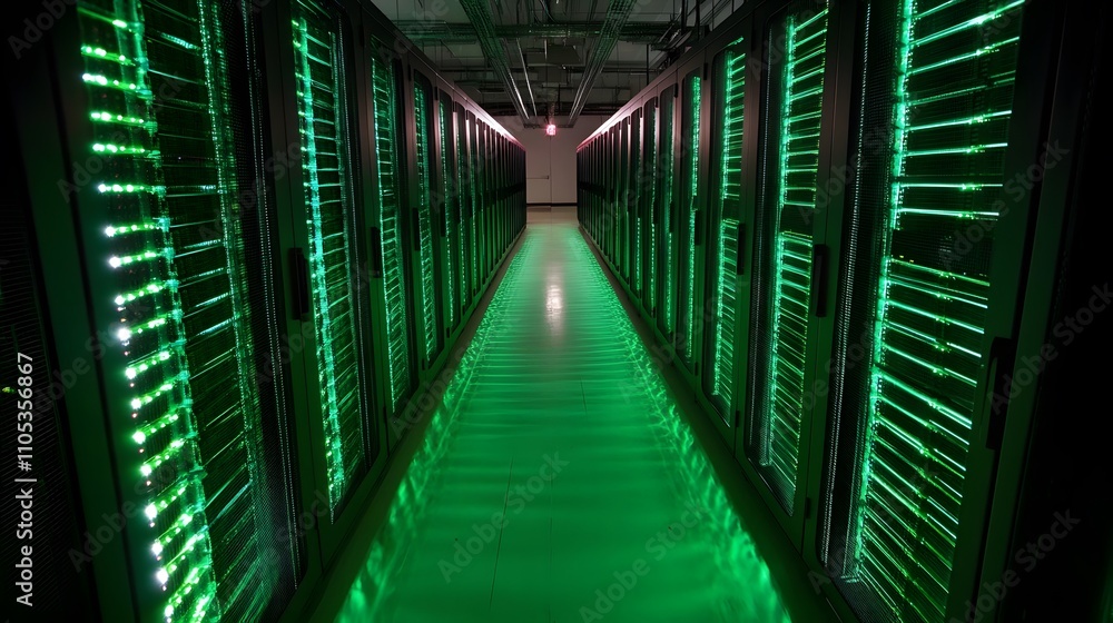 Poster a row of computer servers with red lights on them. the servers are in a room with a white floor