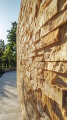 An image of beige sandstone wall cladding, with multiple horizontal overlapping bricks