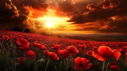 Vibrant Red Poppy Blossoms in a Serene Landscape