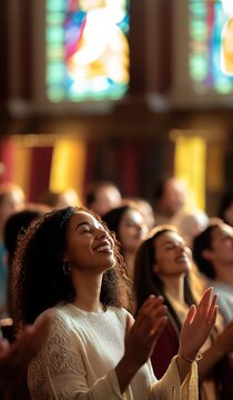 Joyful young Black woman worshipping in a vibrant church setting with stained glass in background.