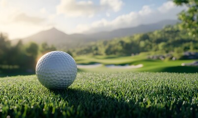 A golf ball in focus sitting on a tee with a beautiful green golf course in the background