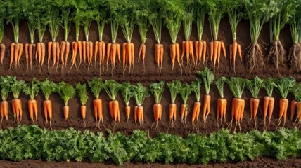 Fototapeta premium Freshly harvested carrots in rows, showcasing vibrant orange roots and lush green tops.