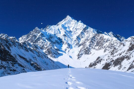 Wilderness mountains and survival, A breathtaking snowy mountain landscape under a clear blue sky, showcasing towering peaks and a solitary figure trekking through the pristine snow.