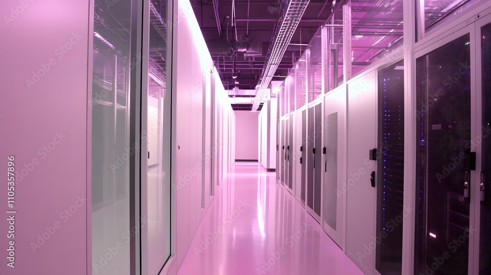 Poster a large room with many computer servers. the servers are all connected to each other and are lit up