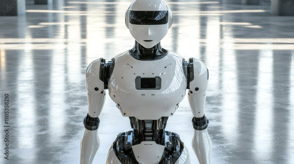 Leinwandbilder futuristic humanoid robot standing still in an empty modern building with concrete floor and large w