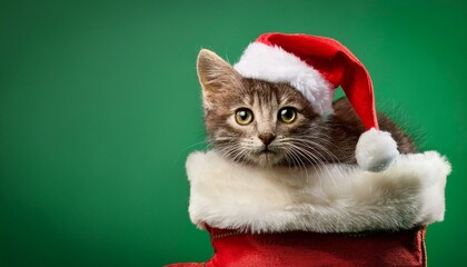 Schönen Nikolaustag oder weihnachten Grußkarte - Süße Katze mit Nikolausmütze sitzt in Nikolausstiefel, isoliert auf grünem Hintergrund