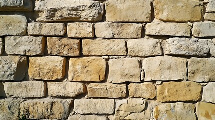 An image of beige sandstone wall cladding, with multiple horizontal overlapping bricks
