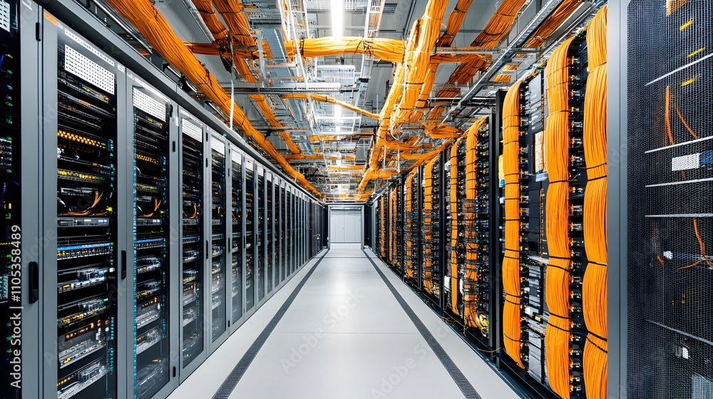 Poster a large room with many computer servers. the servers are all connected to each other and are lit up