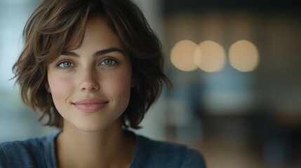 Fototapeta premium Smiling woman with medium-length hair in a bright setting