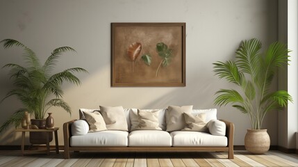 Stylish boho living room with blank mock-up poster frame. Perfect for showcasing art or photos in a minimalist modern setting.