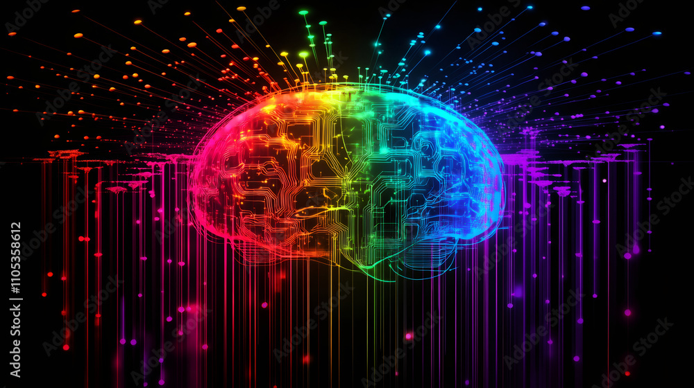 Poster conceptual image of an artificial intelligence brain processing data, with colorful connections symb