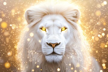 A beautiful white lion with glowing gold eyes surrounded with magical golden sparkles. The image exudes power, mysticism, enchantment, capturing the viewer's imagination. AI generated illustration.