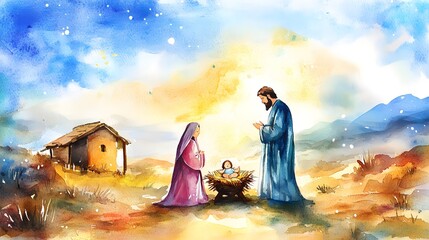 Nativity scene in Bethlehem. Watercolor painting. Christmas scene illustration showing holy family baby Jesus in the manger Mary and Joseph.