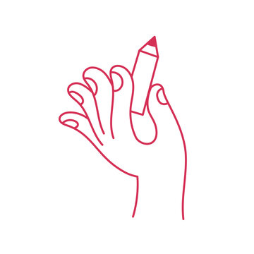Vector simple linear illustration, hand poster, logo, print design template, hand drawn hand holding pencil and gesture in minimal modern art style
