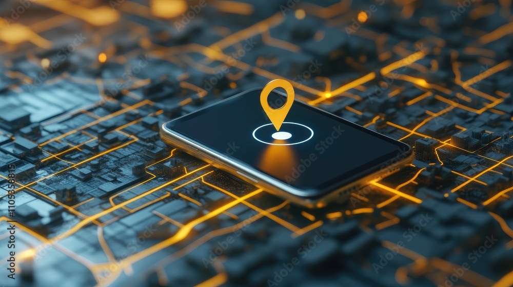 Aufkleber smart device with a geofence notification, surrounded by a 3d map and location marker graphics.