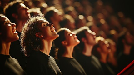 Diverse singers passionately performing in a choir, emanating joy and harmony.