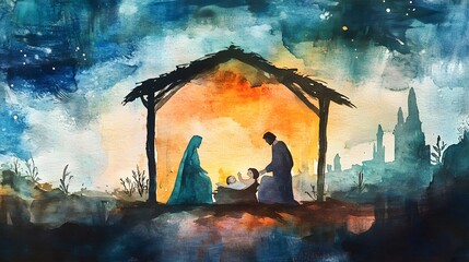 Nativity scene in Bethlehem. Watercolor painting. Christmas scene illustration showing holy family baby Jesus in the manger Mary and Joseph.