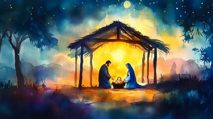 Nativity scene in Bethlehem. Watercolor painting. Christmas scene illustration showing holy family baby Jesus in the manger Mary and Joseph.
