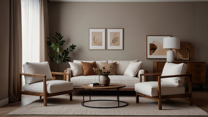 Fototapeta premium Minimalist, boho interior design of modern living room. Wooden coffee table and two armchairs near white sofa with beige pillows. Wall with frame.