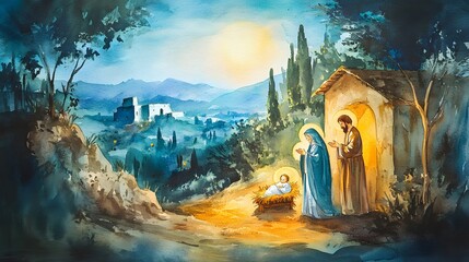 Nativity scene in Bethlehem. Watercolor painting. Christmas scene illustration showing holy family baby Jesus in the manger Mary and Joseph.