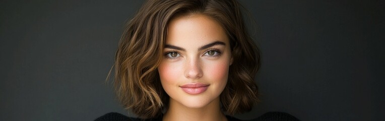 Obraz premium Young woman with wavy hair poses against dark background