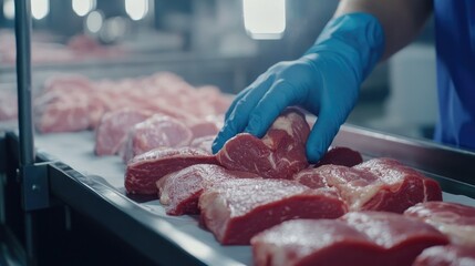 Worker carefully handling meat portions, feeding them into a high-speed packing line under bright lighting.
