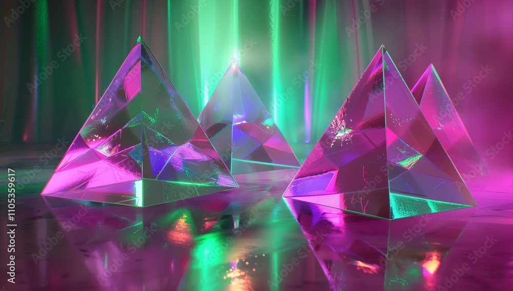 Poster a series of three glass pyramids, each with different colors and shapes, arranged in an artistic com