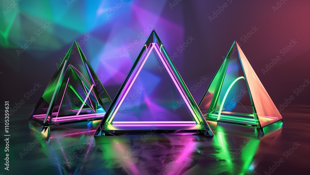 Poster d rendering of three triangular glass frames with neon light inside, each frame has a different colo