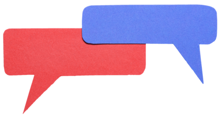 Red blue blank cut out cardboard paper speech bubbles with rough edges and copy space for text on transparent png background design element