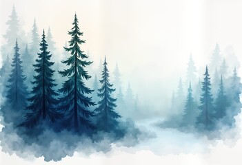Misty forest scene. Tall evergreen trees stand in foggy landscape. Soft color palette creates serene atmosphere. Nature landscape photo. Foggy wood. Calm scene. Gentle tones of blue, white paint