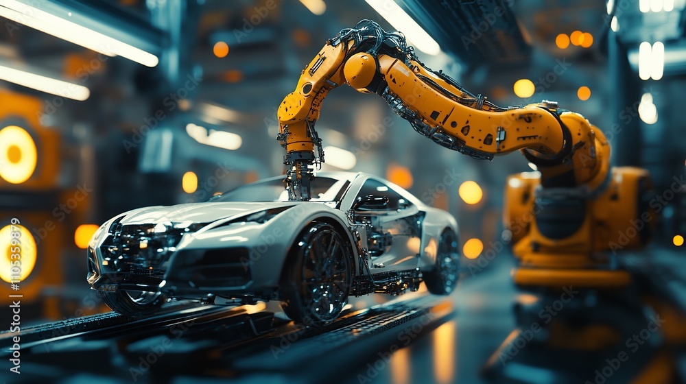 Poster robotic arm assembling a car on assembly line.