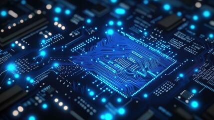 Obraz premium Close-up view of complex electronic circuit board. Intricate blue circuits highlight computer chip design. Future tech concept. Modern tech. High-tech details. Cyberpunk aesthetic. Advanced