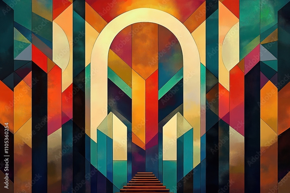 Poster abstract art deco design with vibrant colors. geometric shapes create monumental structure. dynamic 