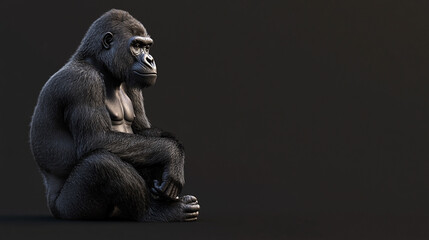 realistic 3d render of a seated black gorilla facing sideways on a transparent background