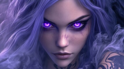 Fototapeta premium Fantasy character with glowing purple eyes and mystical aura, AI