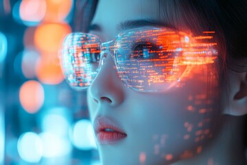 Asian female reflecting digital code in futuristic glasses.