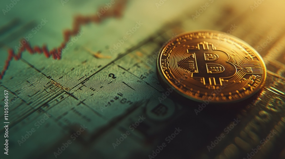 Poster a graph showing the rise and fall of bitcoin prices on a trading platform, with a coin in the foregr